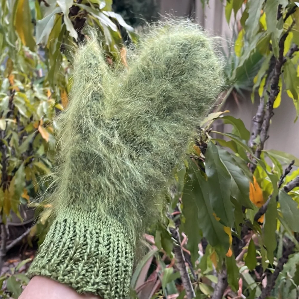 Light olive green hand knitted wool/mohair mittens
